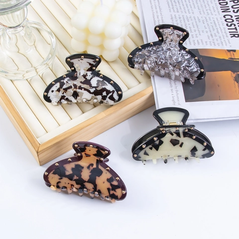 Vintage Marmorierte Schildpatt Haarklammer Große PVC Haarschmuck Mit Gold Nieten Handmade Shark Clip Für Damen