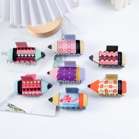 Valentine's Day Creative Pencil Shape PVC Hair Claw Clip With Heart Lip Letter Patterns For Women Sweet Hair Accessory Gift