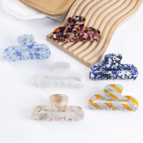 Grande Molletta a Granchio Rettangolare Vuota in PVC Acetato Marmo Tartarugato Geometrico Fermaglio Antiscivolo per Capelli Donna