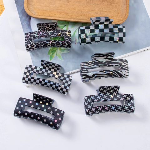 Pinza para el Pelo Cuadrada de Cuadros Irisada para Mujer Clip de Tiburón de PVC Grande con Patrón de Leopardo y Cebra Accesorio para el Pelo Vintage