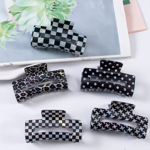 Pinza para el Pelo Cuadrada de Cuadros Irisada para Mujer Clip de Tiburón de PVC Grande con Patrón de Leopardo y Cebra Accesorio para el Pelo Vintage