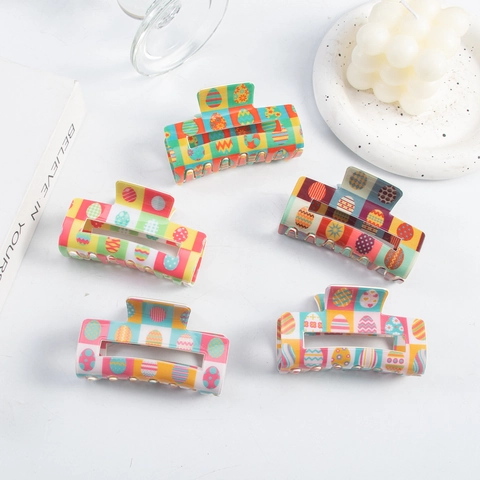 Handmade PVC Easter Egg Pattern Checkerboard Hair Claw Clip For Women Colorful Square Geometric Festival Hair Accessories