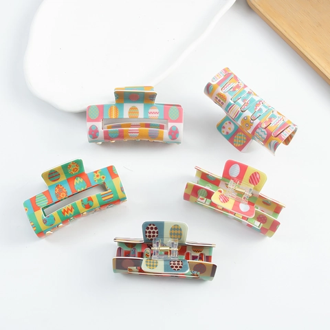 Handmade PVC Easter Egg Pattern Checkerboard Hair Claw Clip For Women Colorful Square Geometric Festival Hair Accessories