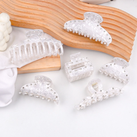 Pince à Cheveux Élégante Motif Marbre Blanc Strass Grande Pince Requin en PVC Accessoire Cheveux Mode Femme