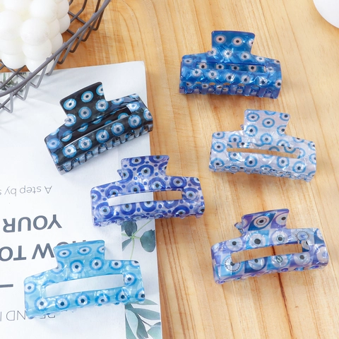 Handmade Evil Eye Rectangular Hair Claw Clip For Women PVC Blue Series Turkish Eye Design Nonslip Hair Clamp Accessory