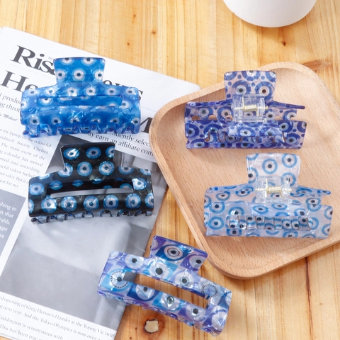 Handmade Evil Eye Rectangular Hair Claw Clip For Women PVC Blue Series Turkish Eye Design Nonslip Hair Clamp Accessory