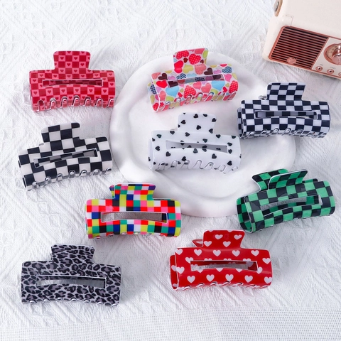 Damen Mode PVC Rechteckige Haarklammer Hohl Schachbrett Herz Leopardenmuster Großer Haarschmuck Für Den Täglichen Weg