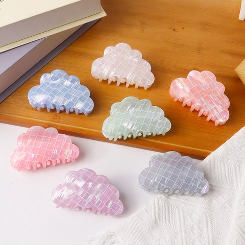 Iridescent Cloud Shaped Hair Claw Clip Checkered Grid Pattern Pearlescent PVC Hair Accessory For Women Sweet Styling