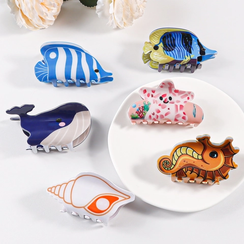 Fermaglio per Capelli a Molletta Serie Oceano in PVC Cartone Animato per Donna Bambini a Forma di Cavalluccio Marino Balena Stella Marina Conchiglia Pesce