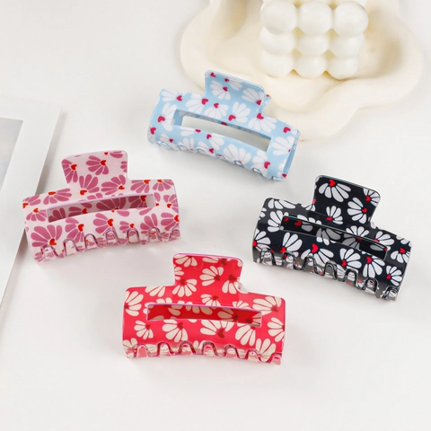 Pince à Cheveux Douce en Acrylique avec Imprimé Fleur et Cœur Grande Barrette Florale pour Femmes Quotidien Mode Accessoires Cheveux