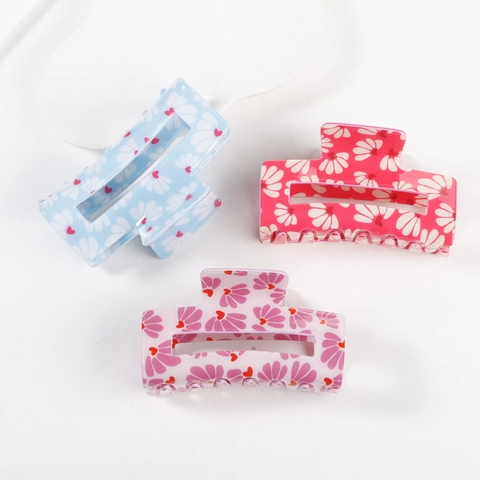 Pince à Cheveux Douce en Acrylique avec Imprimé Fleur et Cœur Grande Barrette Florale pour Femmes Quotidien Mode Accessoires Cheveux