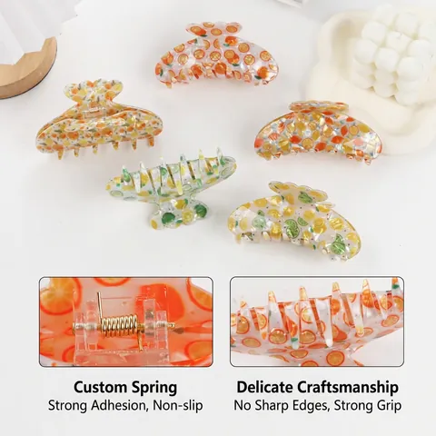 Grande Pince à Cheveux Imprimé Fruits d'Été PVC Transparent Motif Orange Citron Lime Accessoires de Coiffure pour Femmes Épingle à Cheveux