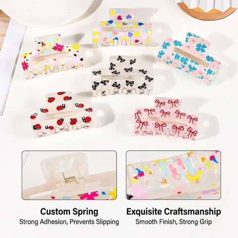 Sweet Floral PVC Hair Claw Clip Non-Slip Bow Ladybug Heart Pattern Rectangular Hair Clamp For Women Girls Daily Accessory