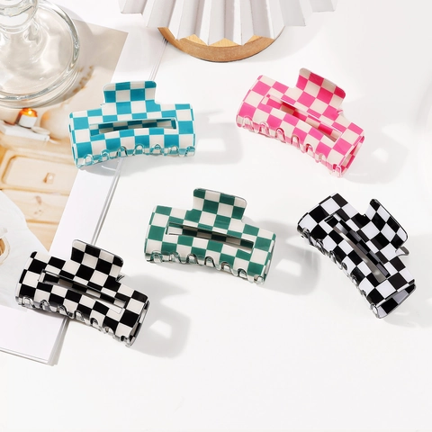 Korean Style Checkerboard Checker Pattern Hair Claw Clip Acrylic Square Shark Clip Non Slip Hair Accessories For Women Daily Styling