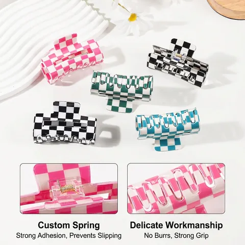 Korean Style Checkerboard Checker Pattern Hair Claw Clip Acrylic Square Shark Clip Non Slip Hair Accessories For Women Daily Styling
