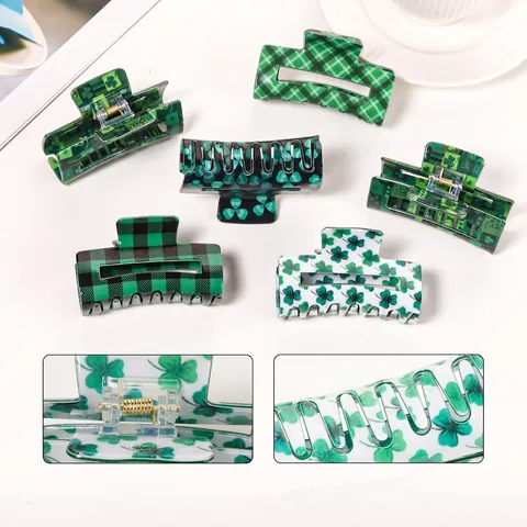 St Patrick's Day Grüne Haarklammer Große Karo Kleeblatt Muster Rechteck Shark Clip Handgefertigte PVC Haarschmuck Damen