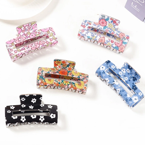 Fashion Rectangular Floral Print Hair Claw Clip Square PVC Ditsy Floral Hair Clamp Accessories For Women Daily Jewelry