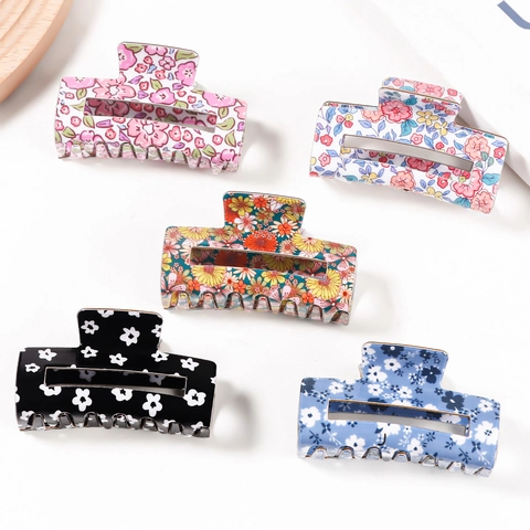 Fashion Rectangular Floral Print Hair Claw Clip Square PVC Ditsy Floral Hair Clamp Accessories For Women Daily Jewelry
