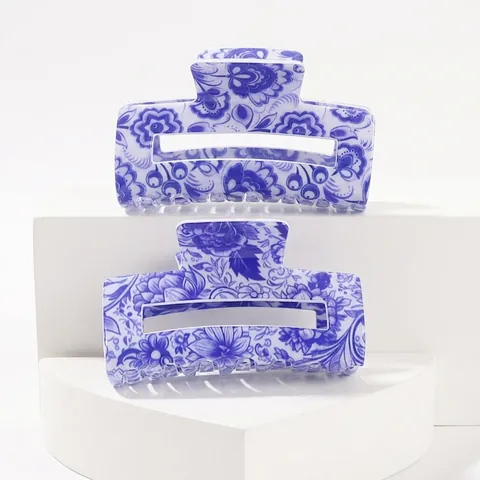 Vintage Blau Weiß Porzellan Haarklammer Große PVC Floral Shark Clip Elegante Haarschmuck Für Damen
