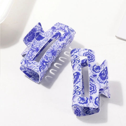 Vintage Blau Weiß Porzellan Haarklammer Große PVC Floral Shark Clip Elegante Haarschmuck Für Damen
