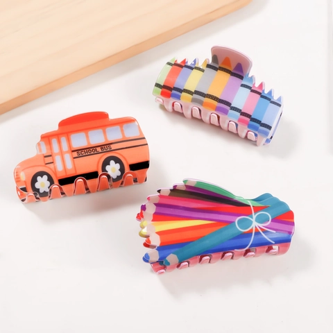 Creative Cartoon School Bus Pencil Crayon PVC Hair Claw Clips For Women Girls Large Hairpin School Style Headwear Accessory
