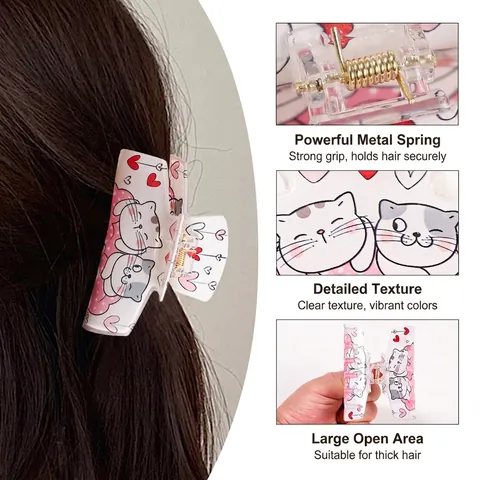 Pinza per Capelli in PVC con Gatto Cartone Animato Grande Molletta per Capelli Motivo Animale Cuore Stampato per Donna Ragazza
