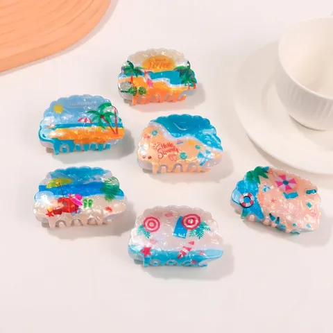 Pinza para el Cabello de PVC con Forma de Concha de Playa de Verano para Mujeres Niñas Patrón de Olas de Mar Accesorios