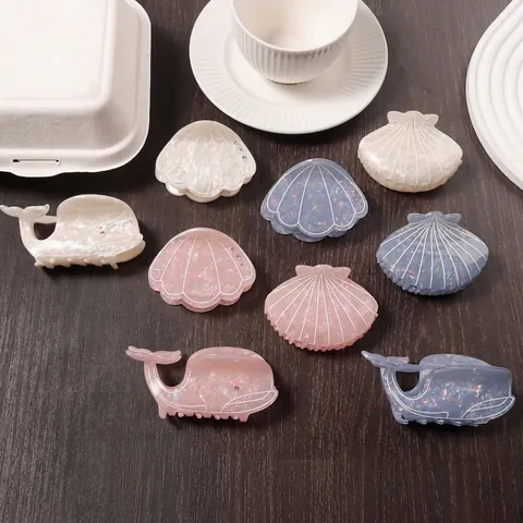 Ocean Style Whale Shell Hair Claws For Women PVC Rhinestone Pearlized Marine Theme Hair Clip Accessories Daily Vacation