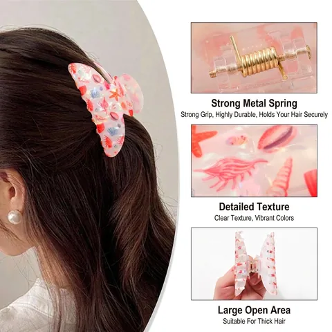 Pinza para el Cabello Grande Tema Oceano Concha Estrella de Mar Pez Tropical Patrón PVC Pinza para Vacaciones Playa Mujer