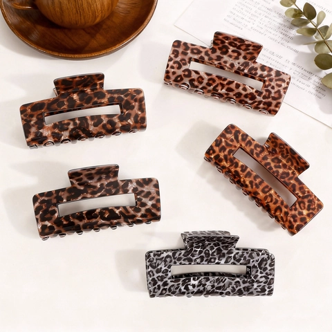 Grande Molla per Capelli Leopardata in PVC Design Rettangolare Cavo Fermaglio per Donna Accessori per Acconciature Moda