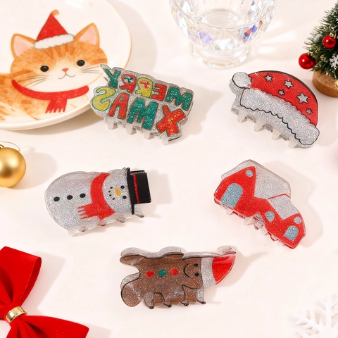Christmas Glitter Hair Claw Clips Merry Xmas Letter Snowman Gingerbread Man House Shape Hair Clips Holiday Hair Accessories For Women