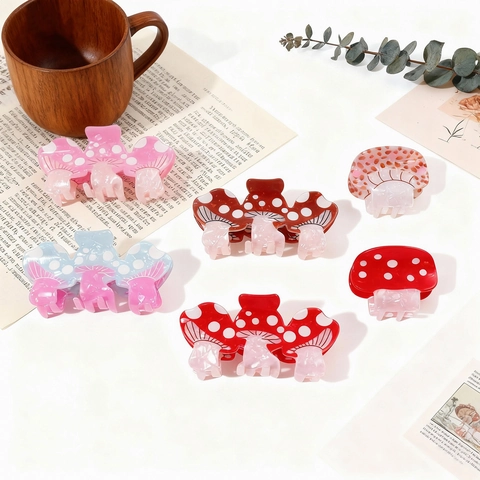 Handmade Mushroom Shape Polka Dot Hair Claw Clip PVC Pastoral Style Fresh Sweet Cartoon Shark Hairpin For Women Accessory