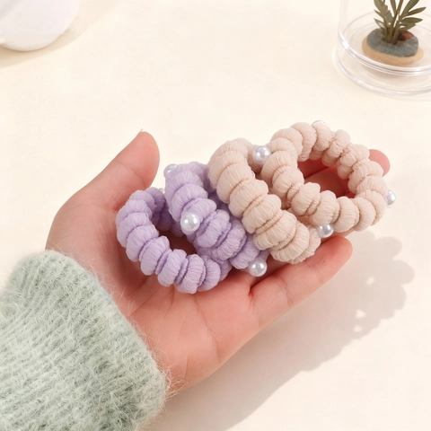 High Elastic Pleated Fabric Hair Scrunchies With Artificial Pearl Rhinestone Decor For Women Durable Hair Ties Ponytail Holder