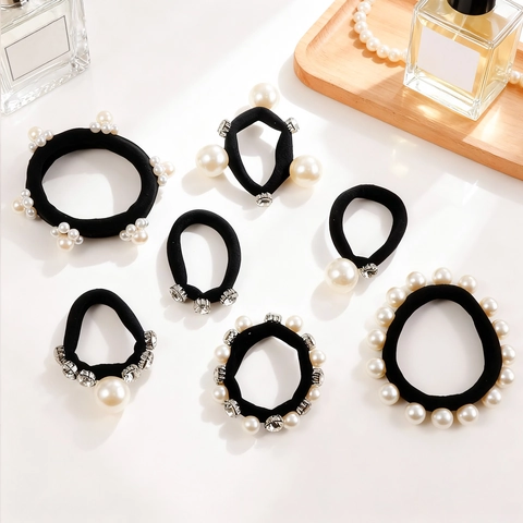 Elegante Schwarze Stoff Haargummis Für Damen Mit Künstlichen Perlen Und Strass Elastische Haarbänder Koreanischer Stil Haarschmuck
