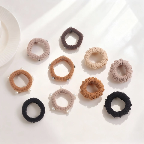 Elegante Scrunchie in Tessuto a Coste per Donna Con Künstliche Perle Strass Alta Elasticità Accessori per Capelli Vintage Tinta Unita