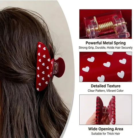 Heart Pattern PVC Hair Claw Clips Elegant Strong Hold Shark Clips Valentine's Day Fashion Hair Accessories For Women Styling