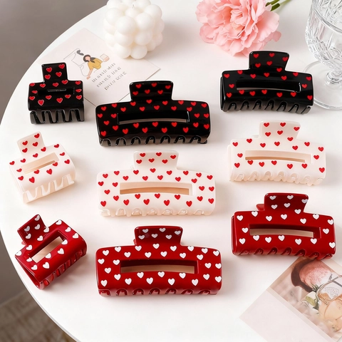 PVC Heart Pattern Hair Claw Clip For Women Handmade Valentine Style Printed Love Shape Shark Clip Sweet Hair Accessories