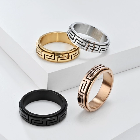 Stainless Steel Greek Key Meander Pattern Rotating Stress Relief Ring For Men Women Unisex Vintage Band Finger Ring Jewelry