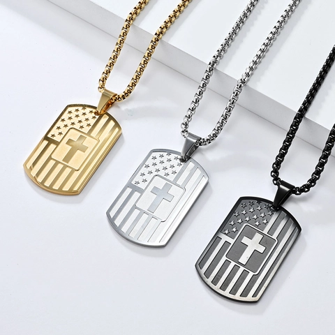 Stainless Steel American Flag Cross Pendant Necklace For Men Vintage Retro Dog Tag Religious Prayer Sweater Chain Punk Jewelry Gift