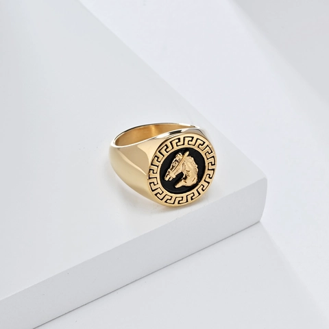 Vintage Horse Head Signet Ring Men Stainless Steel Hip Hop Jewelry Greek Key Pattern Band Ring Gold Silver Black Retro Animal Biker Ring