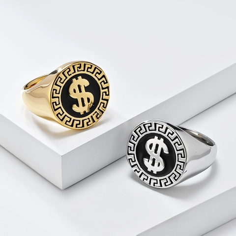 Stainless Steel Dollar Sign Signet Ring Greek Meander Pattern Black Enamel Jewelry For Men Women Unisex Ring Gift