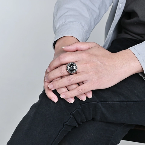 Stainless Steel Dollar Sign Signet Ring Greek Meander Pattern Black Enamel Jewelry For Men Women Unisex Ring Gift