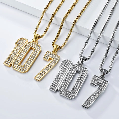 Collier Pendentif Numéro 7 10 en Acier Inoxydable Hip Hop pour Hommes Femmes Strass Numéro de Maillot Sport Bijoux Cadeau