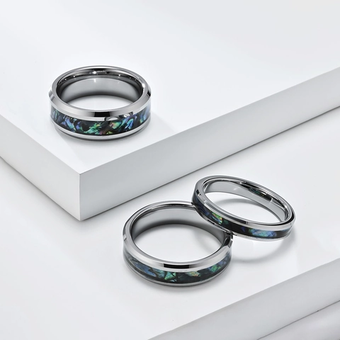 Bagues Incrustées de Coquilles d'Abalone en Acier au Tungstène Bord Biseauté Poli Alliance Mariage Hommes Femmes Bijoux