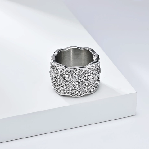 Edelstahl Breitband Ring Mesh Rautenmuster Strass Pavé Wellenkante Gold Silber Plattiert Mode Finger Schmuck Unisex