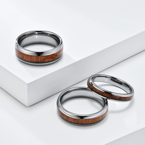 Mode Polierter Wolframstahl Holzeinlage Ring Für Damen Herren Vintage Holzmaserung Geometrisch Comfort Fit Ehering Schmuck