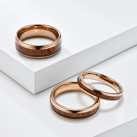 Mode Polierter Wolframstahl Holzeinlage Ring Für Damen Herren Vintage Holzmaserung Geometrisch Comfort Fit Ehering Schmuck