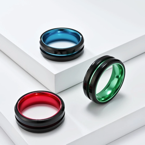 Minimalist Edelstahl Aluminium Zweifarbige Gerillte Ring Für Herren Schwarz Rot Blau Grün Band Mode Industrielle Schmuck Zubehör