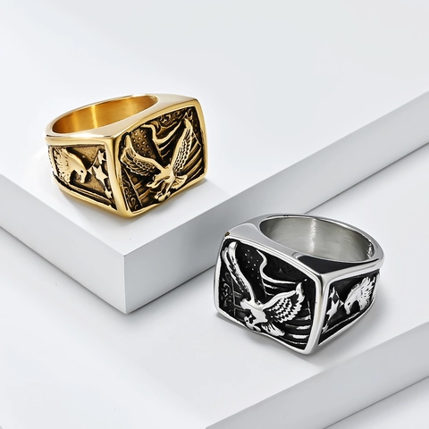 Anillo de Sello de Águila de Acero Inoxidable para Hombre Águila Americana Veterano Ejército Conmemorativo Joyería Patriótica