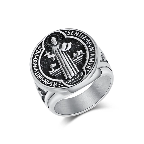 Anillo de Medalla de San Benito de Acero Inoxidable para Hombre Retro Anillo de Sello de Exorcismo Cruz Pulida Joyería